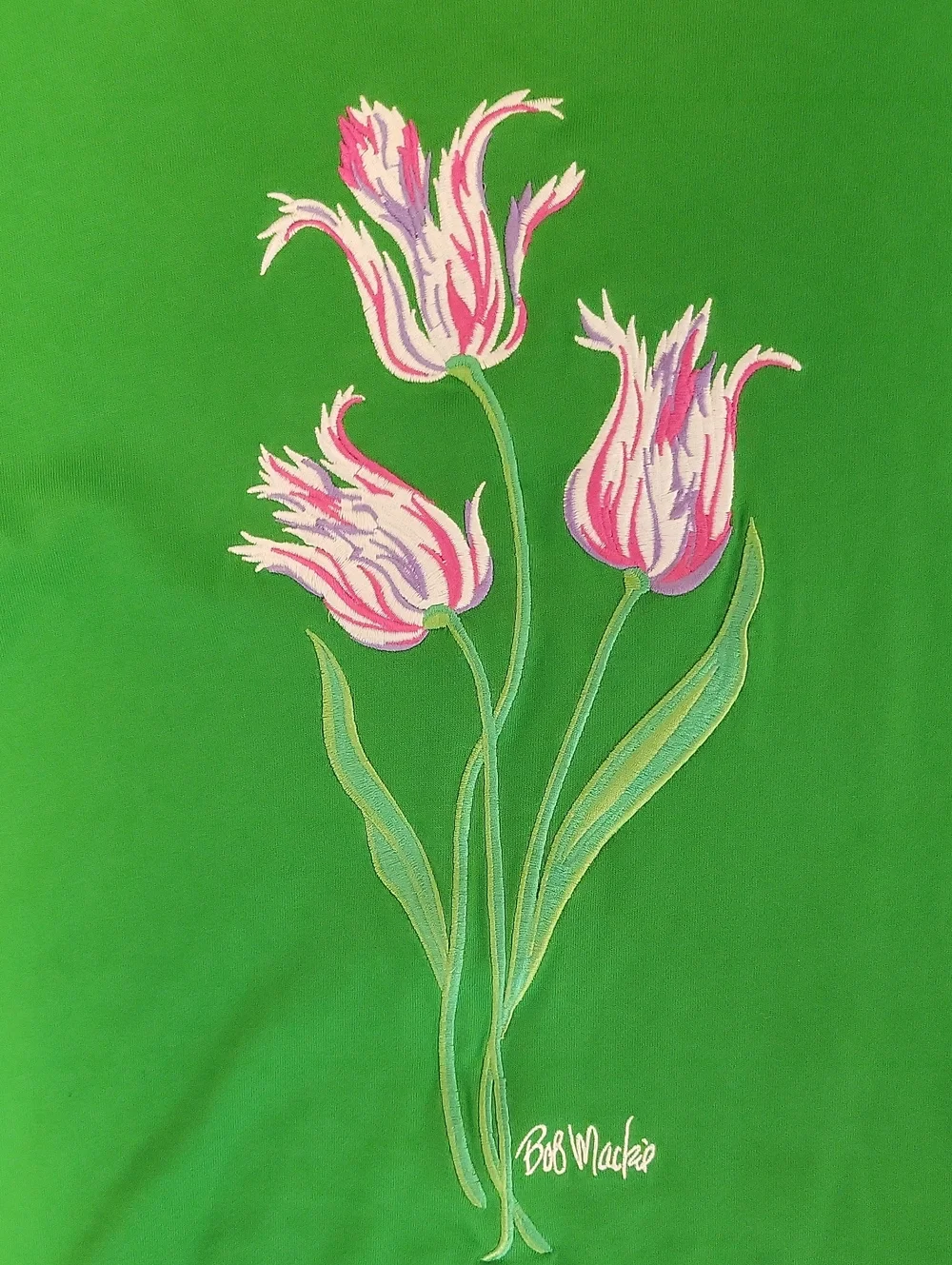 Bob Mackie Wearable Art Bright Green Tee  Pink Tulip Graphic Medium Grandma